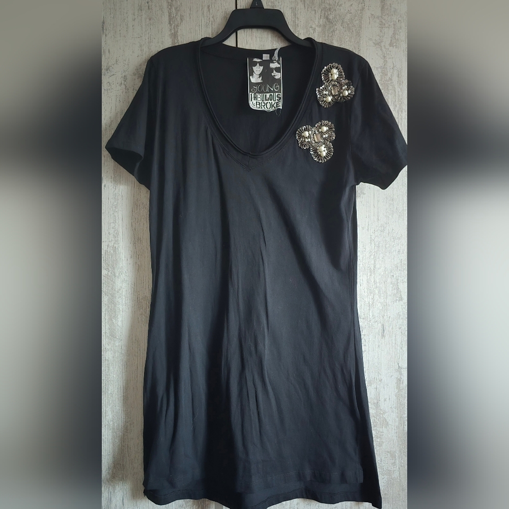 Rare! Vintage Young, Fabulous & Broke  Pearl and Bead Embroidered T-shir Dress